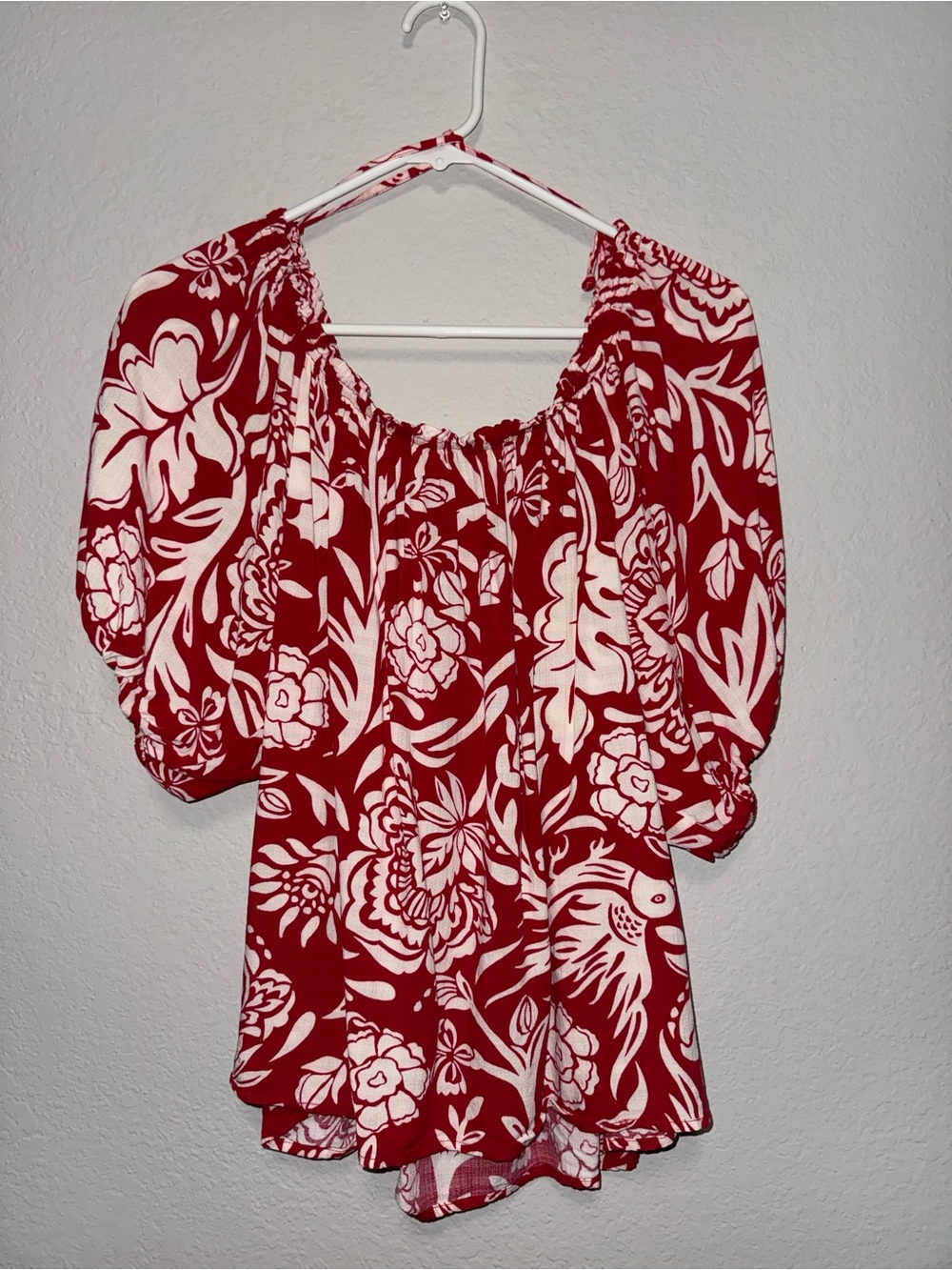 Red and White floral off shoulder blouse.